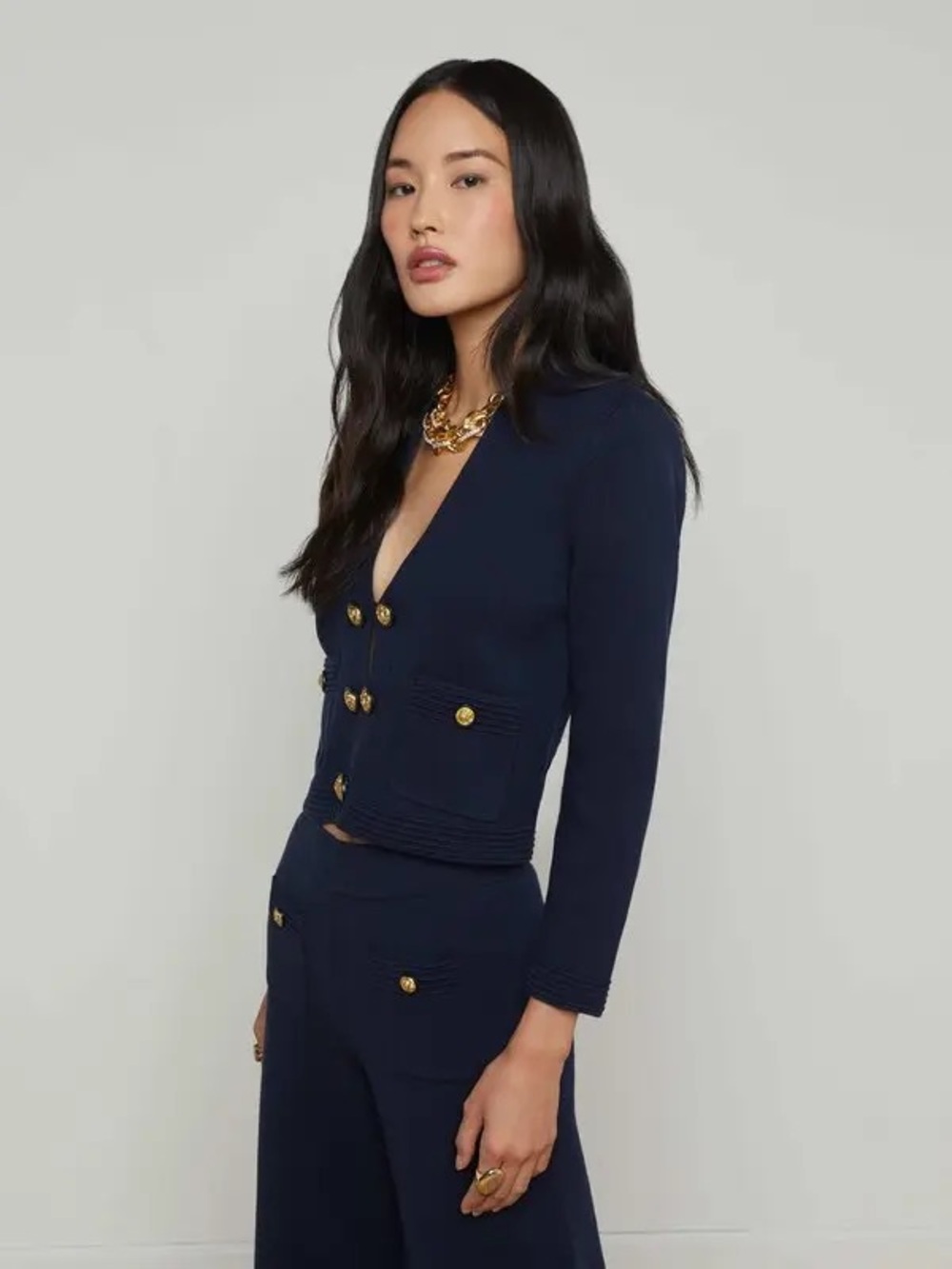 NWT L'Agence Catie Knit Cardigan In Midnight/Gold - Picture 3 of 8